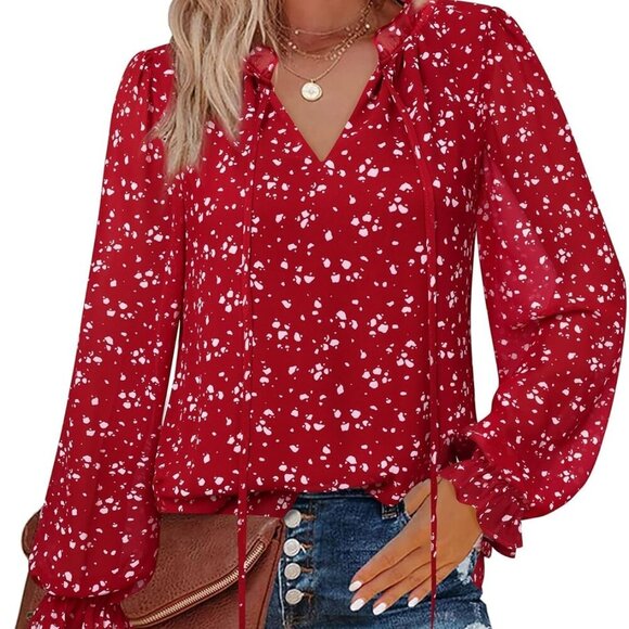 Womens Business Casual Blouses Ruffle V Neck Work Dressy Shirts Long Sleeve Chif - Picture 2 of 5